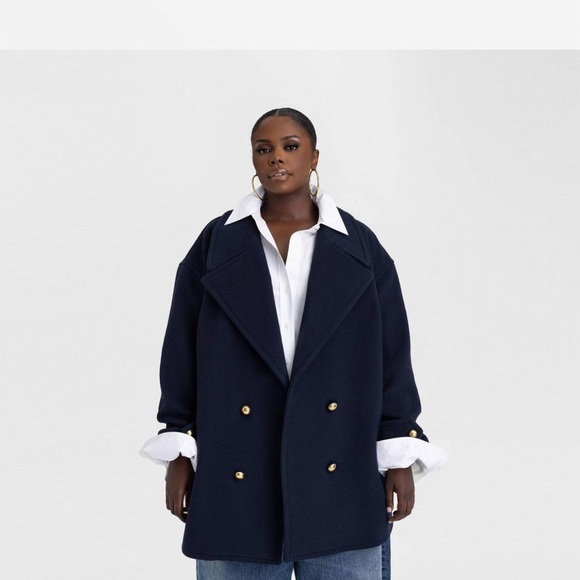 NWT KBB BY KAHLANA Women's Navy Double-Breasted Coat size M wool peacoat. Navy - Picture 4 of 8